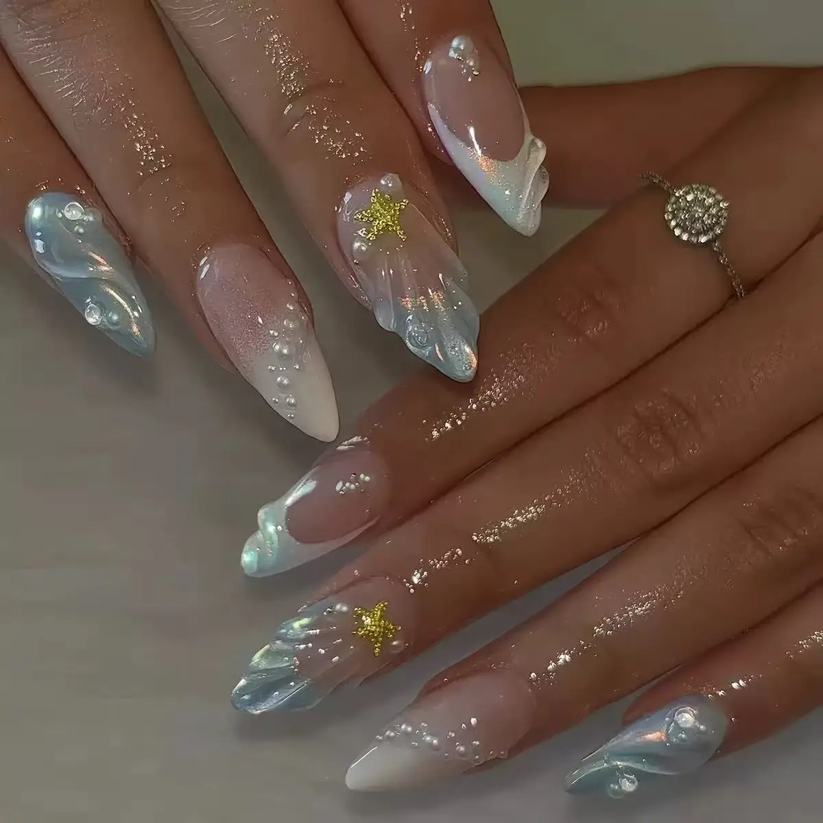 Nail Art Oval - Kısa Oval 3D İnci Kabuklu Fransız