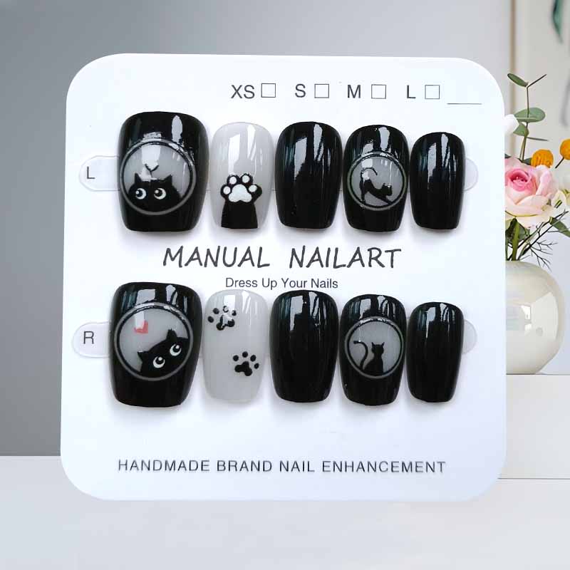 Nail Art Pink Cat Eye - 10 Adet Sevimli Karikatür Siyah Kedi